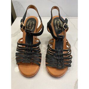 Kork-Ease Black Pebble Leather Block Heel Sandal Size 8